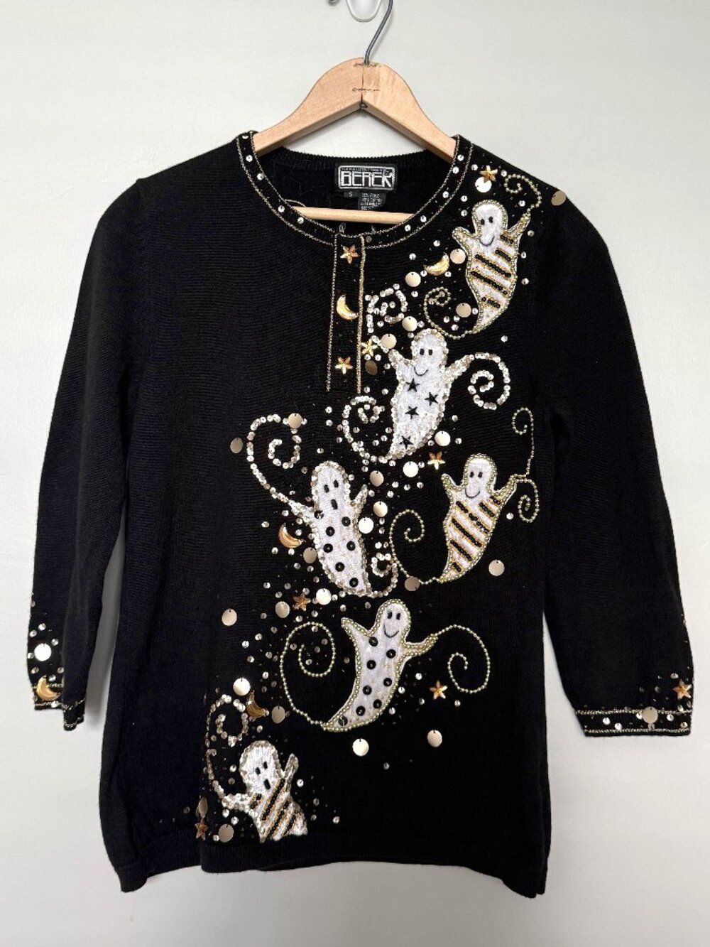 Vintage 90s Berek Halloween Ghost Sweater Beaded Black Knit Spooky Y2K S